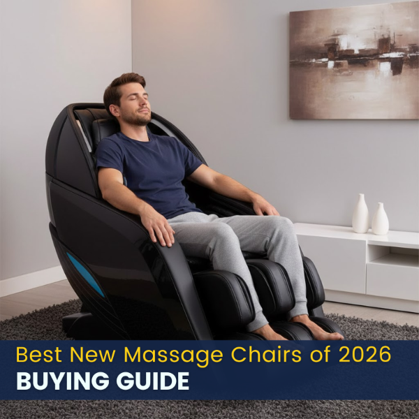 Modern massage chair with text ‘Best New Massage Chairs of 2026 Buying Guide’ in a clean, contemporary setting.