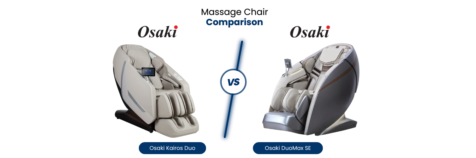 Banner showing Osaki Kairos Duo and Osaki DuoMax SE massage chairs side by side for comparison.