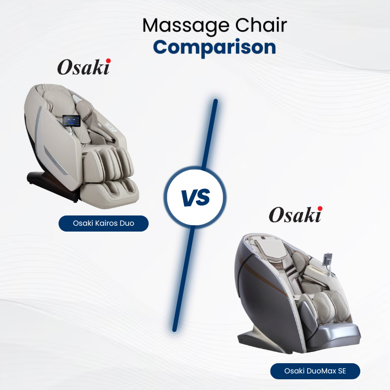 Banner showing Osaki Kairos Duo and Osaki DuoMax SE massage chairs side by side for comparison.