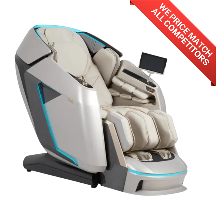 An image of the Osaki Grand Duo 4D massage chair in taupe, featuring a stylish and contemporary design that complements modern interiors. The chair's luxurious taupe upholstery highlights its ergonomic contours and advanced massage technology, creating an inviting focal point for relaxation. 