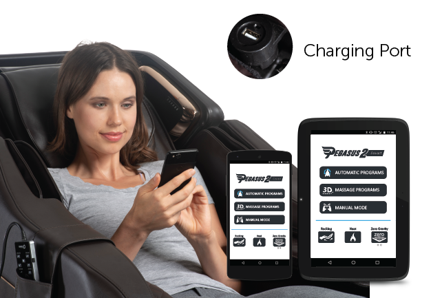 The Daiwa Pegasus 2 Smart massage chair includes a convenient smartphone and tablet charging station, allowing you to keep your devices powered while enjoying a relaxing massage experience.