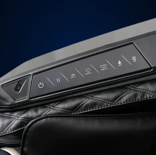 Close-up image of the Quick Access Control Panel on the armrest of the Infinity Ultra Imperial Syner-D massage chair featuring convenient shortcut controls and modern interface design.