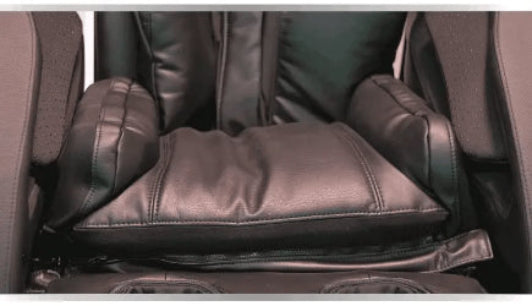 Close-up of a brown Daiwa Relax 2 Zero massage chair cushion with padded armrests and a dark upholstered seat area.