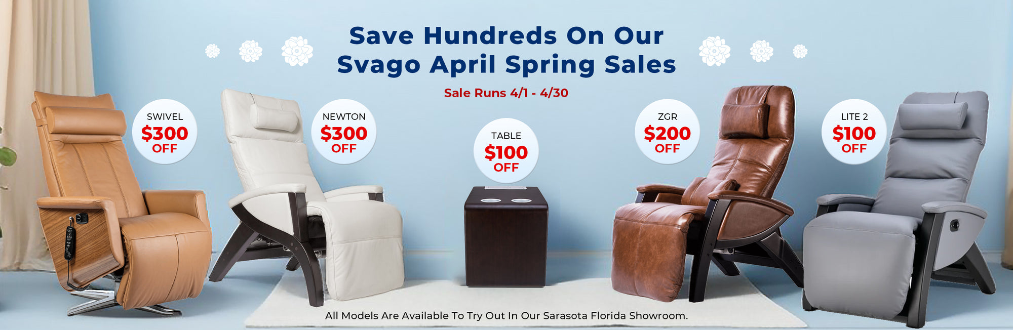All Svago zero gravity recliners are on sale during our Spring Sales Event.