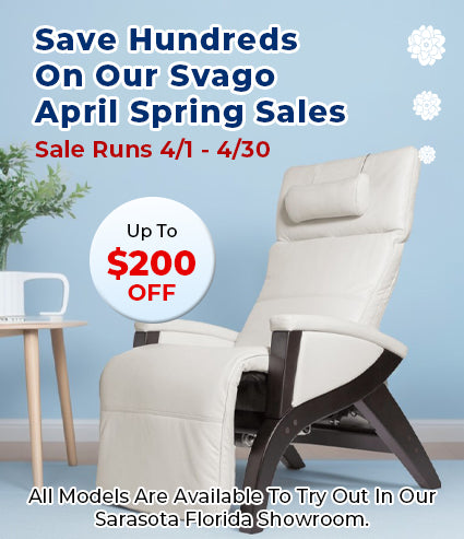 All Svago zero gravity recliners are on sale during our Spring Sales Event.