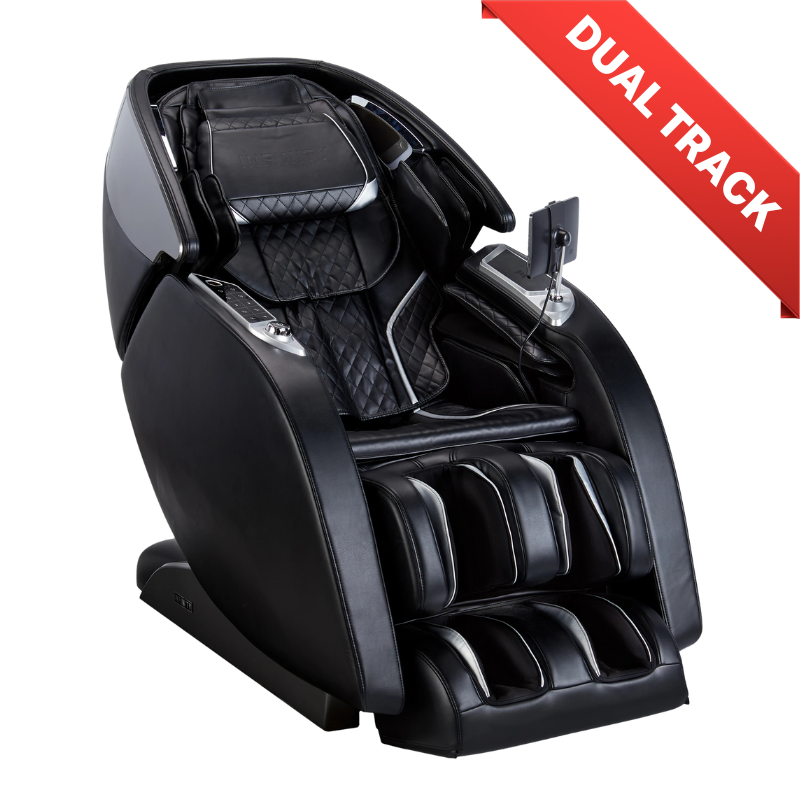 Infinity Luminary Syner-D Massage Chair in black, featuring a sleek, modern design with advanced 4D massage rollers and zero gravity positioning.
