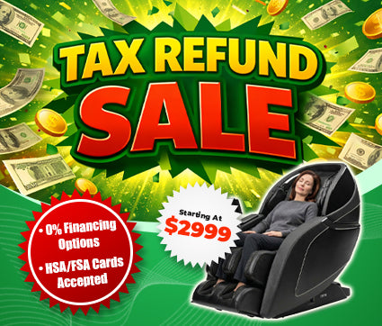 Advertisement for a massage chair with tax refund sale text and money graphics on a green background.
