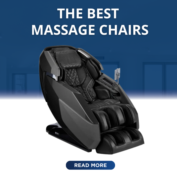 Black massage chair with a blue background and text about the best massage chairs.