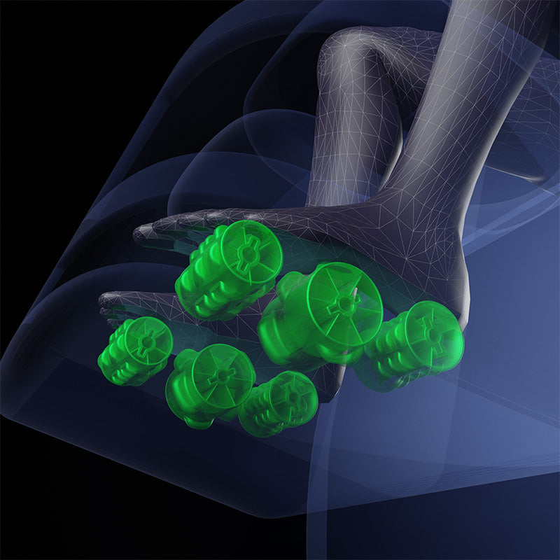 Close-up of foot massage in a massage chair showing rollers and airbags targeting the soles and sides of the feet.