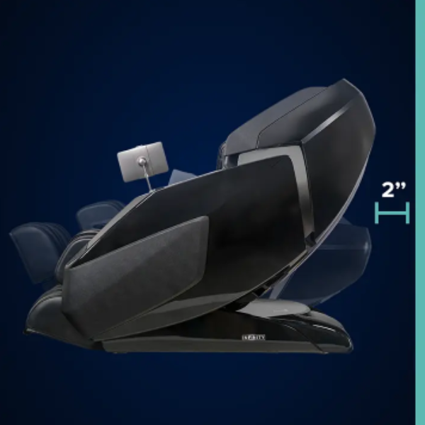 Side view of the Infinity Ultra Imperial Syner-D massage chair demonstrating Zero Wall Fit™ Space-Saving Technology with full recline positioning near a wall.