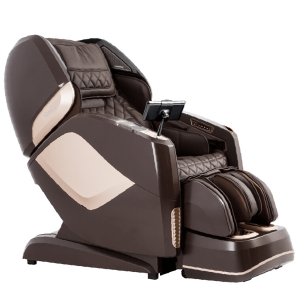 The Osaki OS-4D Pro Maestro LE massage chair has 4D rollers, L-Track, a touchscreen tablet, calf kneading, & comes in brown.