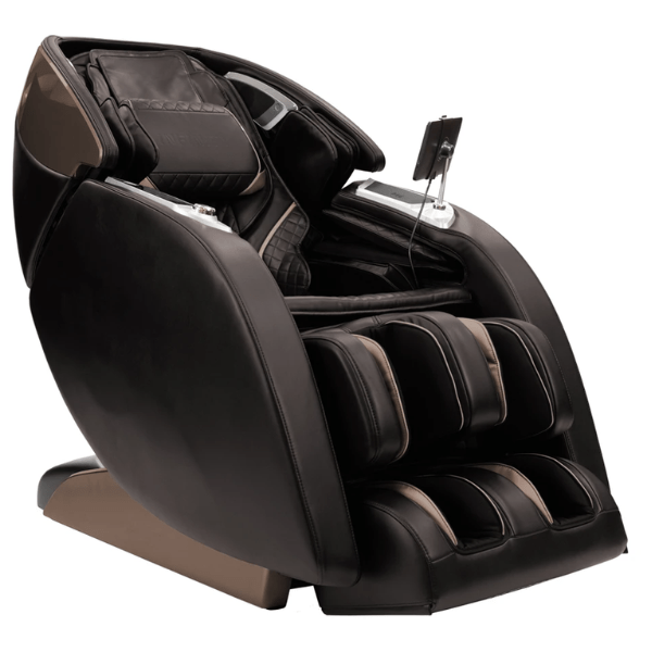 The Infinity Luminary massage chair comes with dual track rollers for inversion therapy stretching and is available in brown. 