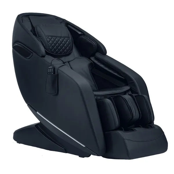 Kyota Genki M380 Massage Chair in sleek black leather-finish, side profile highlighting extended leg rest, ergonomic design and full-body coverage.