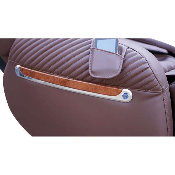 The Luraco iRobotics i9 Max Billionaire Edition Massage Chair comes with a convenient leather pocket for storing your remote. 