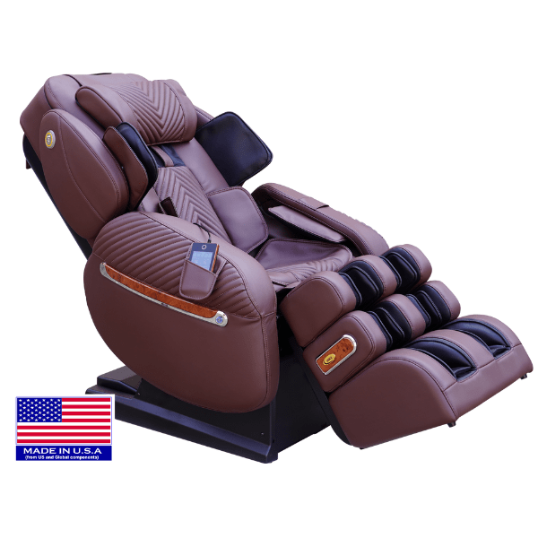 The Luraco iRobotics i9 Max Billionaire Edition Massage Chair has 3D rollers with a split track and is available in chocolate. 