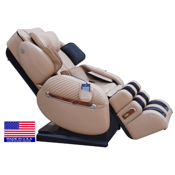 The Luraco iRobotics i9 Max Billionaire Edition Massage Chair has 3D rollers with a split track and is available in cream.