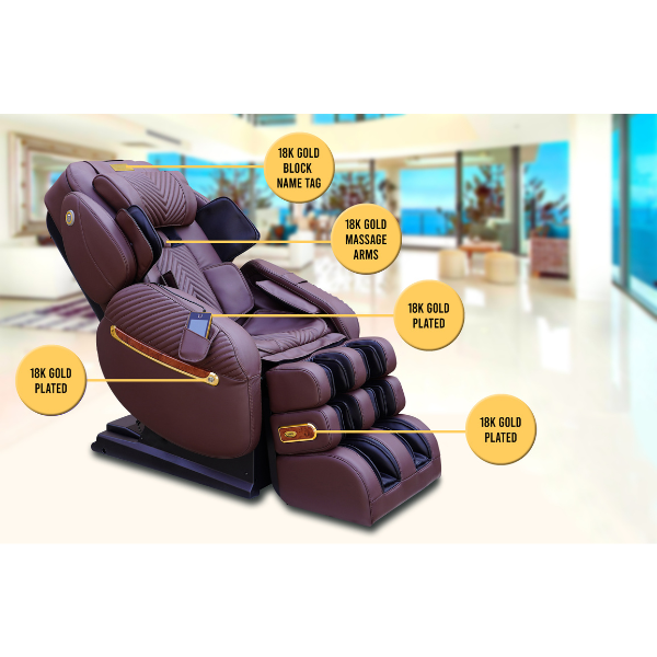 The Luraco iRobotics i9 Max Royal Edition massage chair comes with 18k gold plated massage arms, remote, and trim package. 
