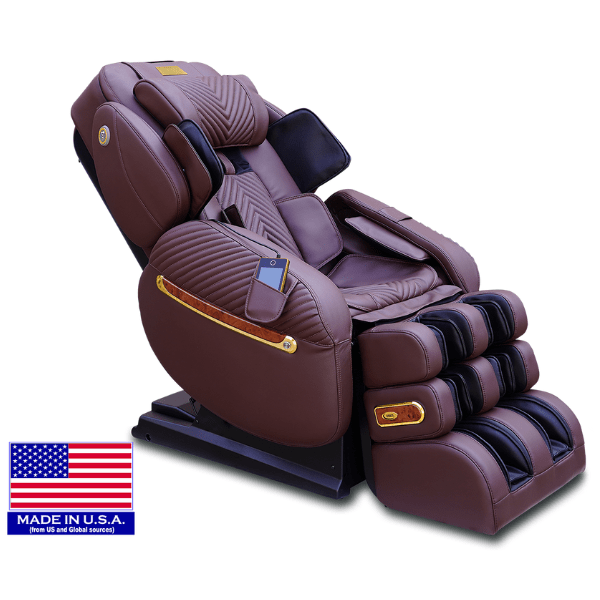 The Luraco iRobotics i9 Max Royal Edition massage chair has a split track, 3D massage, arm rollers, and is available in brown.
