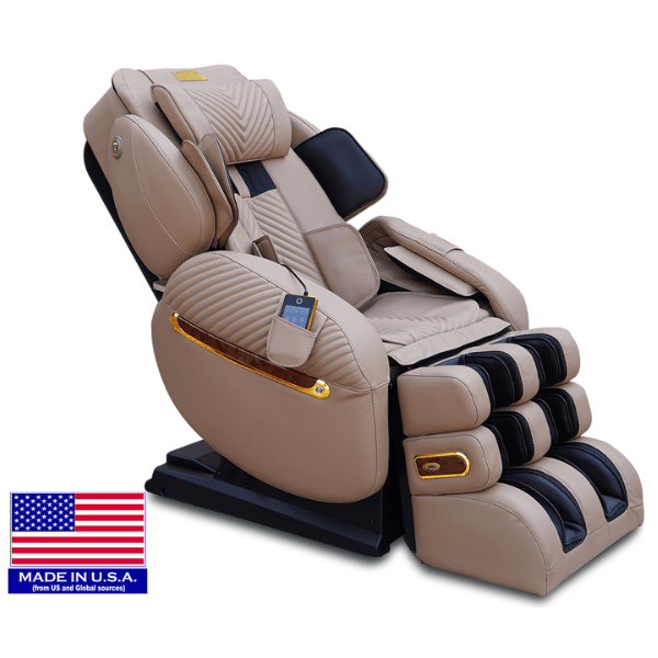 The Luraco iRobotics i9 Max Royal Edition massage chair has a split track, 3D massage, arm rollers, and is available in cream. 