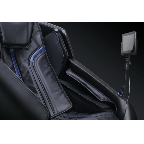 The Ogawa Active L 3D massage chair comes with a user-friendly touchscreen tablet remote mounted on an adjustable stand.