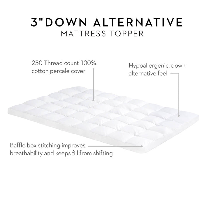 The Malouf Isolus 3-Inch Down Alternative Mattress Topper has a plush breathable shell made of 250 thread count 100% cotton.