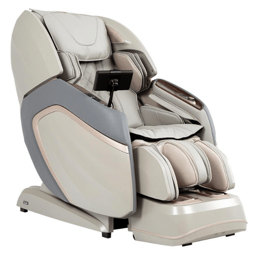 The Osaki OS-Pro 4D Emperor massage chair has humanlike 4D rollers, an L-Track system. and is available in elegant taupe.