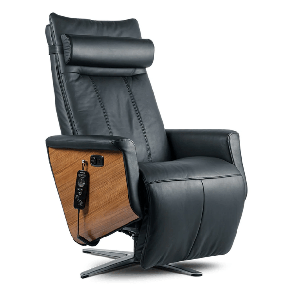 The Svago Swivel Zero Gravity Recliner has a plush top with either black, taupe, or toffee leather upholstery and air massage on the back and seat.