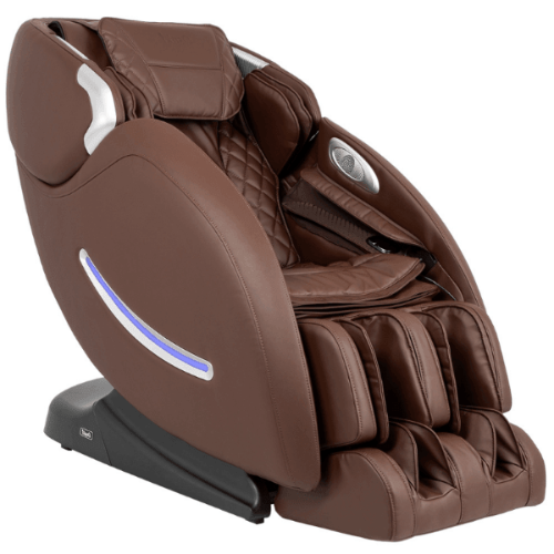 The Osaki OS-4000XT massage chair has 2D rollers for therapeutic massage, an L-Track system, and is available in sleek brown.