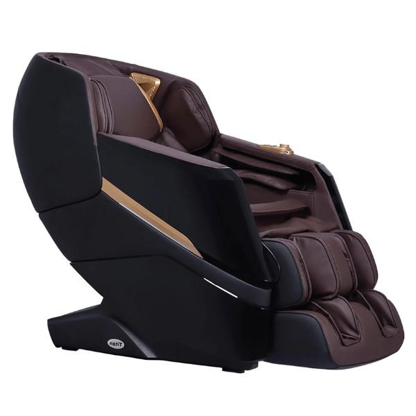 The Titan Luxe 3D Massage Chair has 3D rollers, L-Track, air compression, zero gravity, heat, and is available in brown.