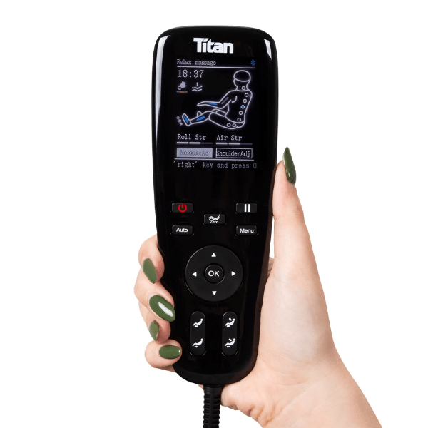 The Titan Luxe 3D Massage Chair comes with a user-friendly handheld remote for easy adjustments in the palm of your hand. 