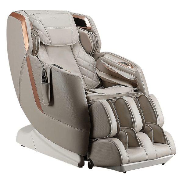 The Titan Pandora Massage Chair uses therapeutic 2D rollers for full-body massage and is available in sleek taupe. 